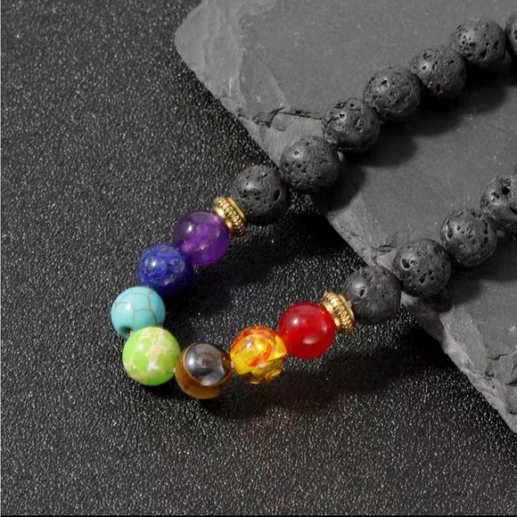Natural Black Stone with Colorful Chakra Beads Bracelet - Picture 5 of 6